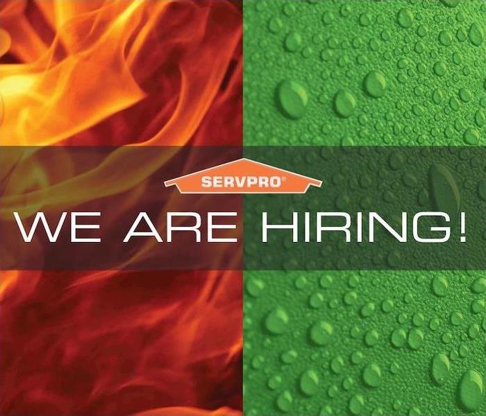 flames on the left and water droplets on green on the right with We are Hiring! written