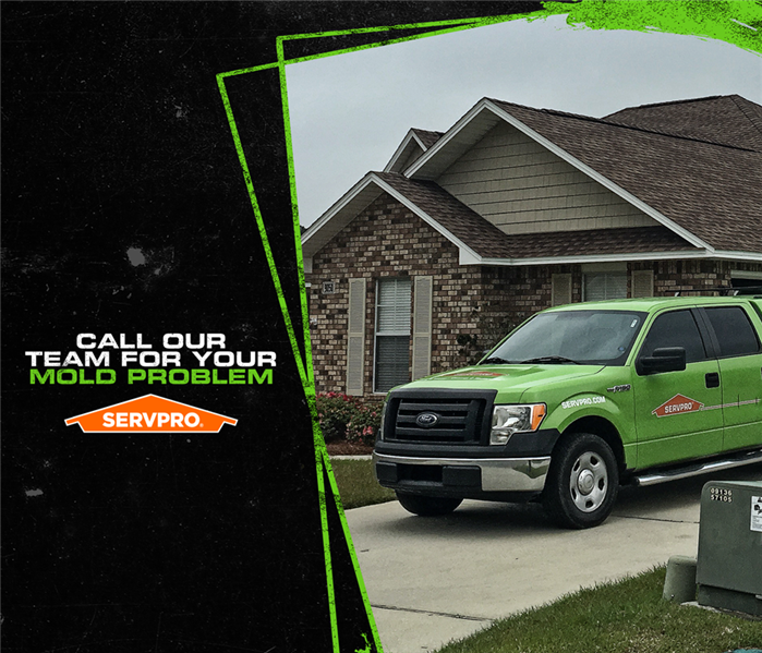 SERVPRO truck in front of a home with  cation: "Call Our Team For Your Mold Problem" 