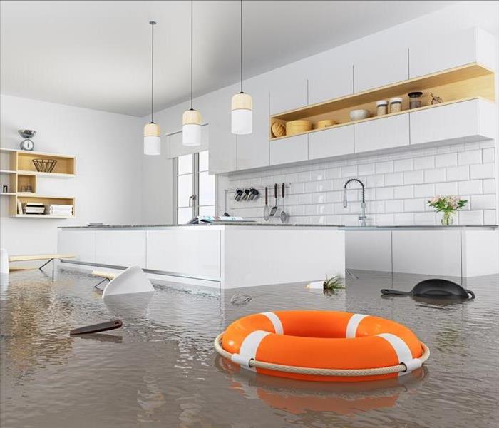 flooded kitchen with an orange life-preserver floating