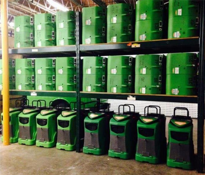 SERVPRO equipment in a warehouse that is ready for use